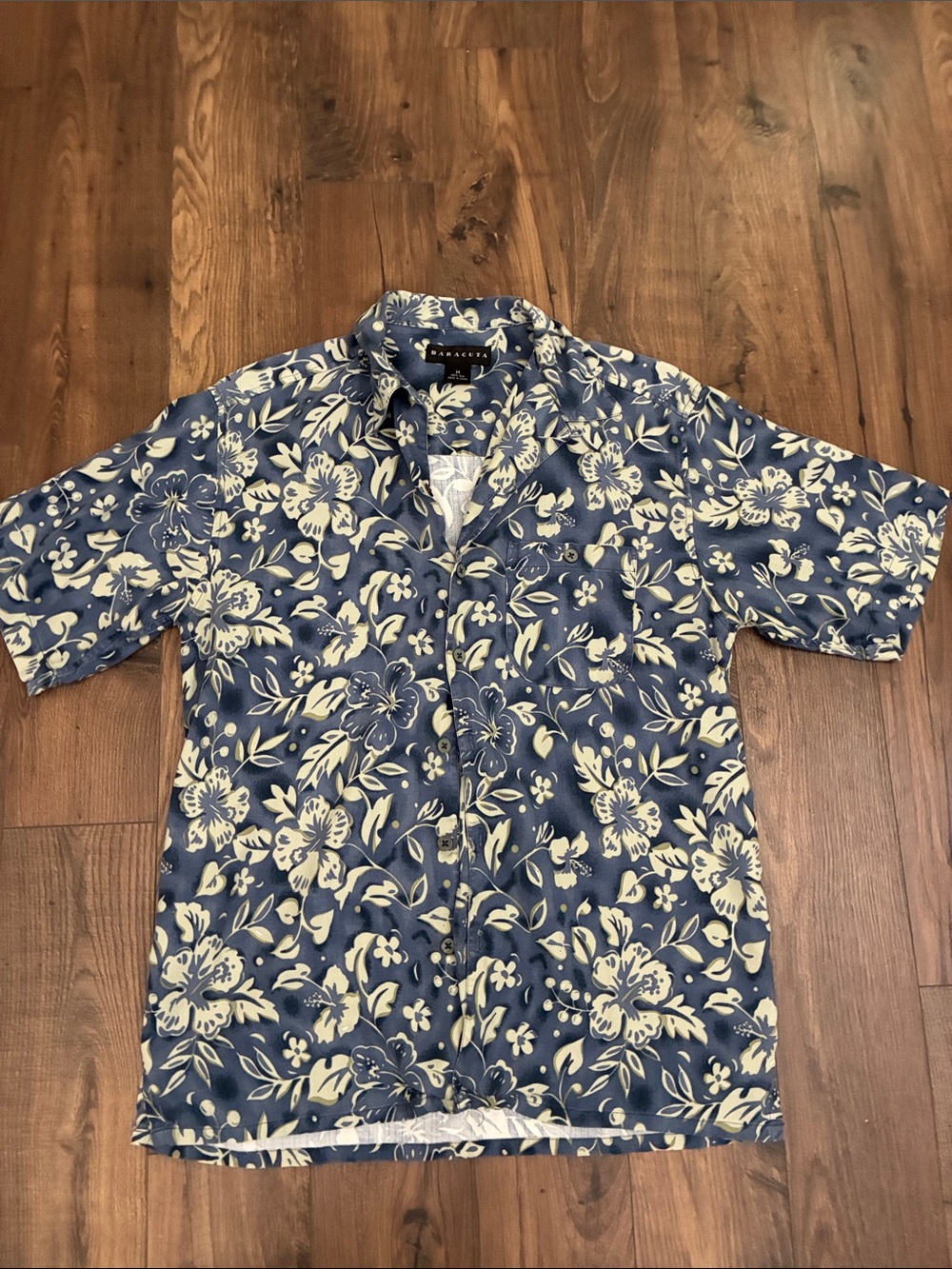 Vintage Baracuta 100% Silk Hawaiian Shirt Blue Hibiscus Floral Camp Aloha
